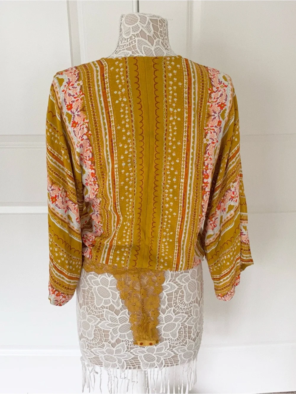 Free People Boho Tie Front Bodysuit, Gold Combo Sz S